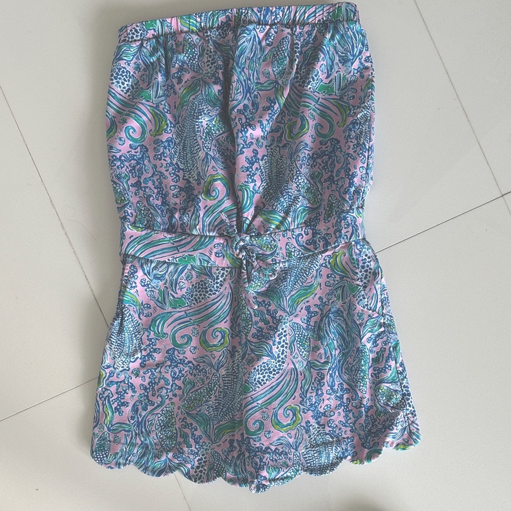 Lilly Pulitzer Pink and Blue Patterned strapless romper short outfit